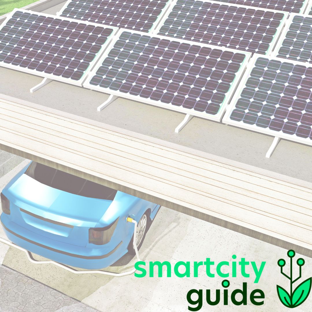 Blaues Auto unter Carport mit Solarpanel-Dach, darunter Schriftzug "smartcity guide" und grünes Logo.